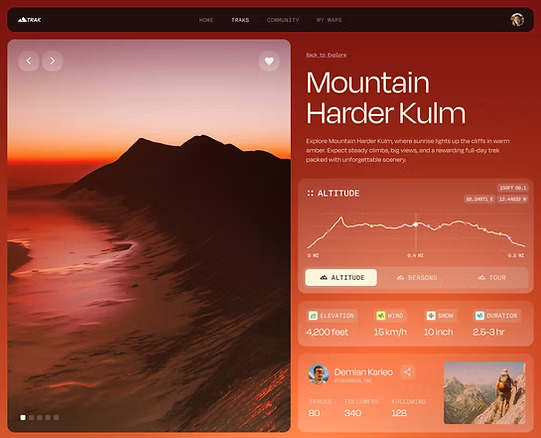 Afbeelding: Voorbeeld van een gepubliceerde route- of reisapp met detailpagina en visuele contentkaart