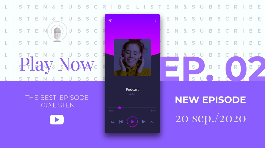 Afbeelding: Grafische paarse banner die een podcast-aflevering op een mobiele telefoon toont met de tekst 'Play Now', 'Podcast' en 'New Episode'
