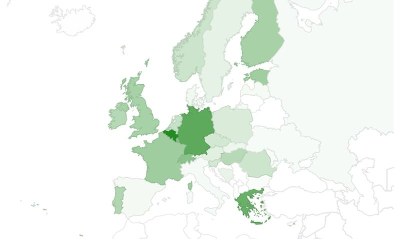 Kaartje Europa, met Belgie donker gekleurd