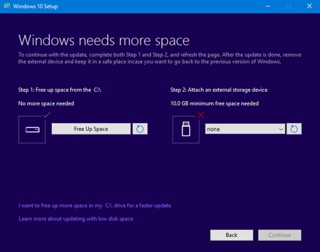 Waarschuwing en tips van Microsoft om ruimte vrij te maken voor de Windows 10 update
