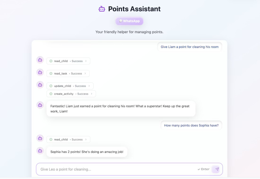 Afbeelding: Chatinterface “Points Assistant” met tool-calls zoals read_task en update_child