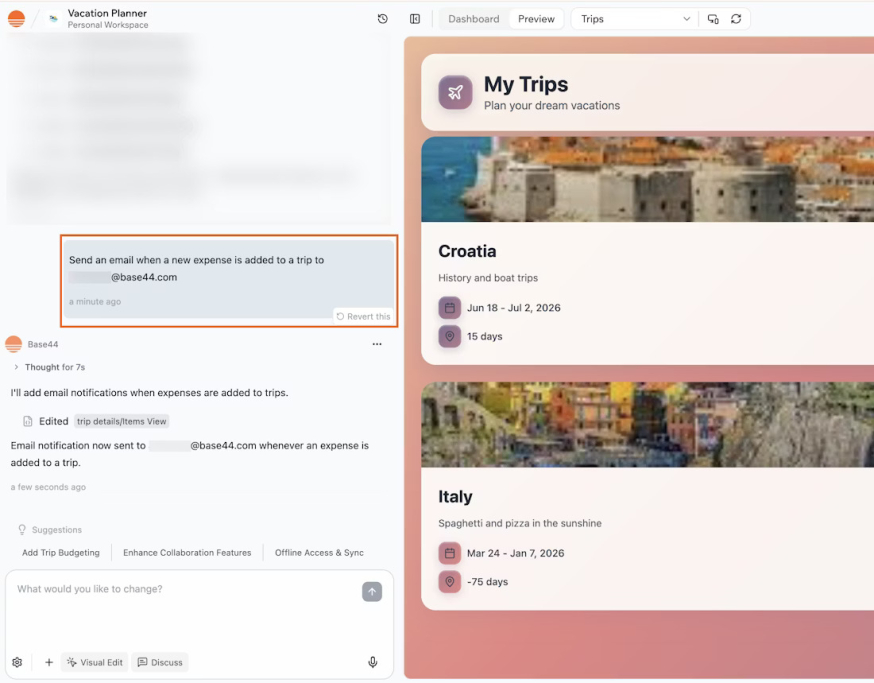 Afbeelding: Prompt in de AI-chat om automatisch een e-mail te sturen wanneer een nieuwe expense wordt toegevoegd