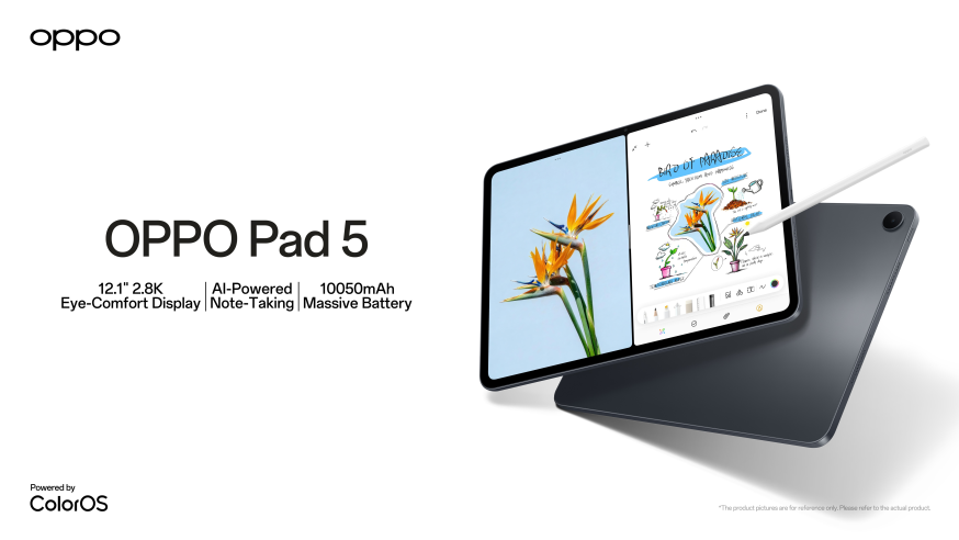 Afbeelding: OPPO Pad 5 tablet met groot scherm, stylus en donkere behuizing