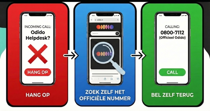 Afbeelding: Stappenplan bij verdachte telefoontjes: 1. Hang op. 2. Zoek zelf het officiële Odido-nummer. 3. Bel zelf terug