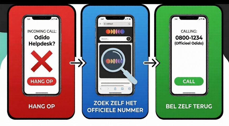 Afbeelding: Stappenplan bij verdachte telefoontjes: 1. Hang op. 2. Zoek zelf het officiële Odido-nummer. 3. Bel zelf terug