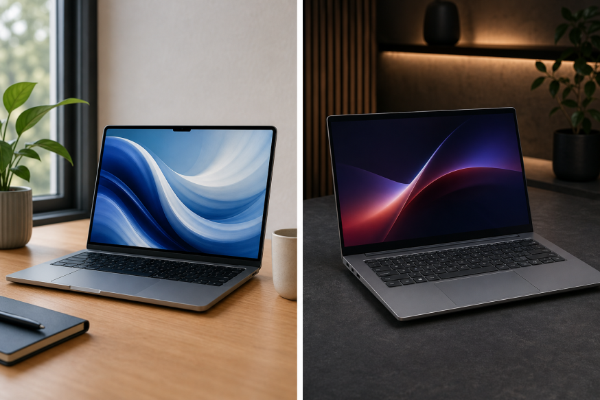 macbook met een lenovo laptop op tafel