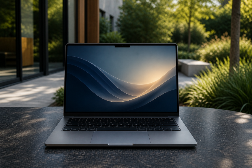 macbook buiten op een tafel in de tuin
