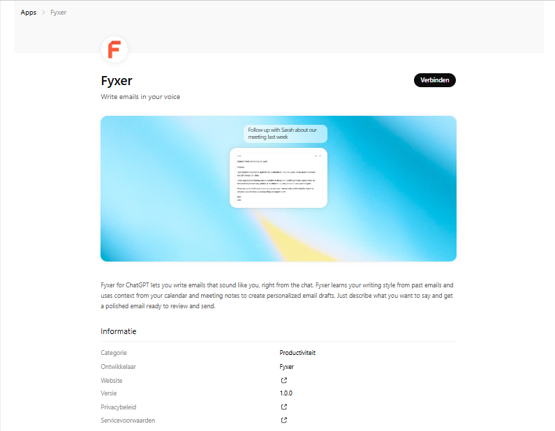 Afbeelding: Screenshot van de ChatGPT-apps/Apps-pagina met Fyxer als app