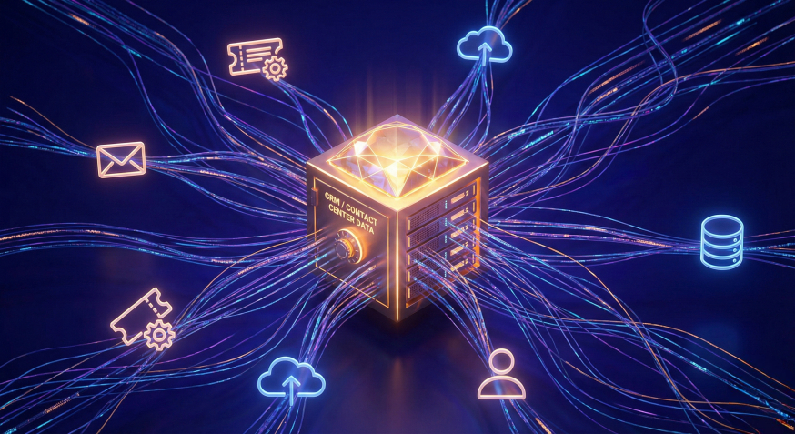 Afbeelding: Abstracte 3D-visualisatie van een gouden server-kubus met het label 'CRM / Contact Center Data', verbonden met lichtgevende datastromen naar iconen voor e-mail, gebruikers en cloud-opslag