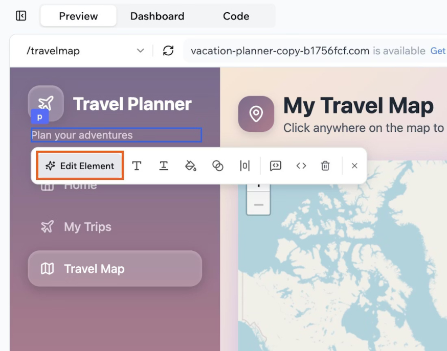 Afbeelding: Base44 Visual Edit met een geselecteerd interface-element en de knop “Edit Element”