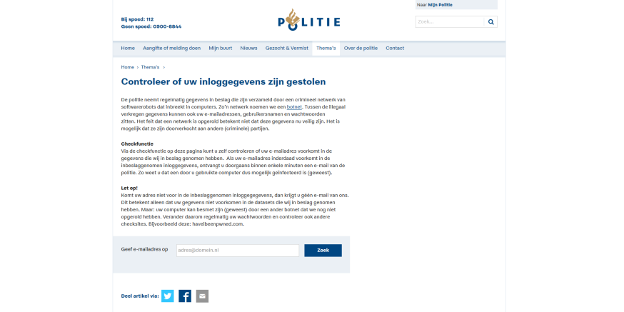 Vul je e-mailadres in en de politie mailt of je e-mailadres is gehackt Webpagina van de politie waar je kunt zien of je e-mail gehackt is