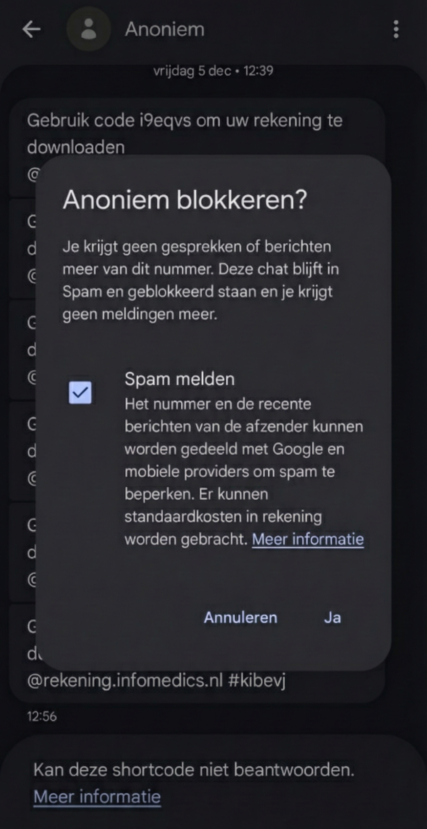 Afbeelding: keuzemenu na klikken op 'blokkeren en spam melden' bij Android