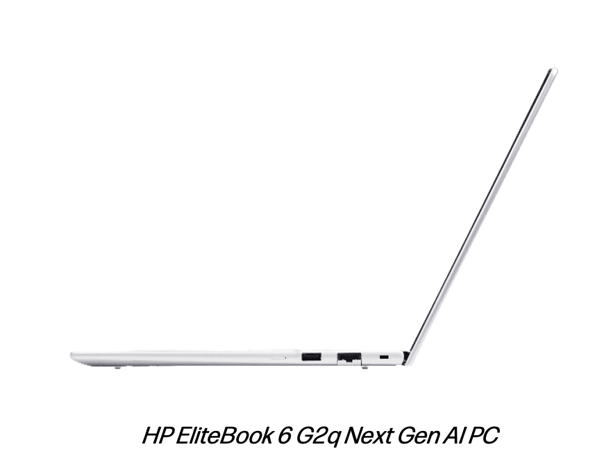 Afbeelding: Zijaanzicht van de HP EliteBook 6 G2q Next Gen AI PC in opengeklapte positie, met slank profiel en aansluitingen zichtbaar