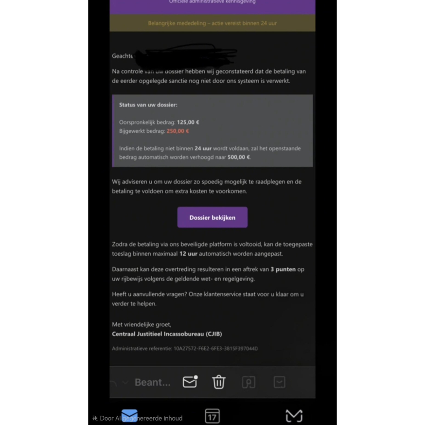 Afbeelding: Screenshot van een valse CJIB-mail met een vordering van 250 euro en een paarse knop 'Dossier bekijken' die dient als directe link naar een frauduleuze betaalpagina voor een niet-bestaande verkeersboete