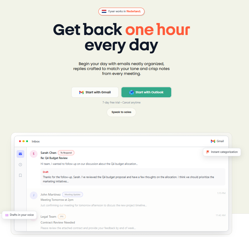 Afbeelding: Fyxer-homepage met de tekst ‘Get back one hour every day’, knoppen ‘Start with Gmail’ en ‘Start with Outlook’ en een voorbeeld-inbox met conceptantwoord