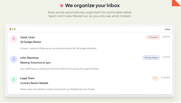 Afbeelding: Voorbeeld van een inbox die automatisch is gelabeld, met tags zoals ‘To Respond’ en ‘Meeting Update'