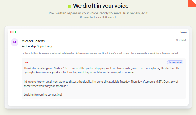 Afbeelding: E-mailvoorbeeld met een door Fyxer voorgestelde conceptreply (‘Draft’) en een label dat aangeeft dat het gepersonaliseerd is