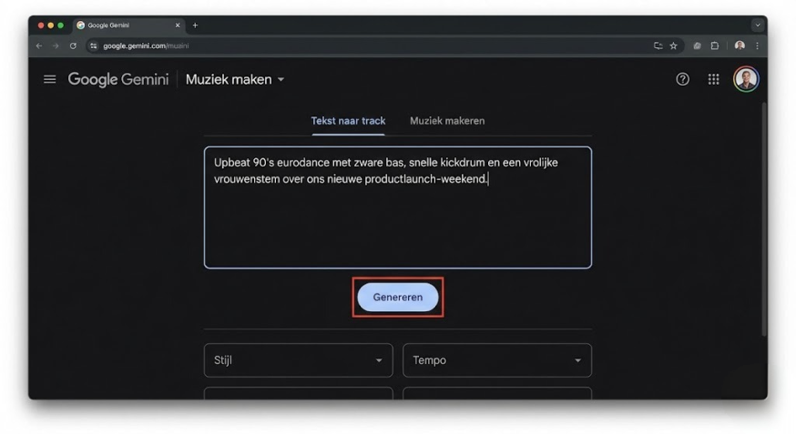 Afbeelding: Screenshot van de Google Gemini desktop-interface. In het tekstvak staat een gedetailleerde prompt voor een "Upbeat 90's eurodance" track, klaar om te genereren