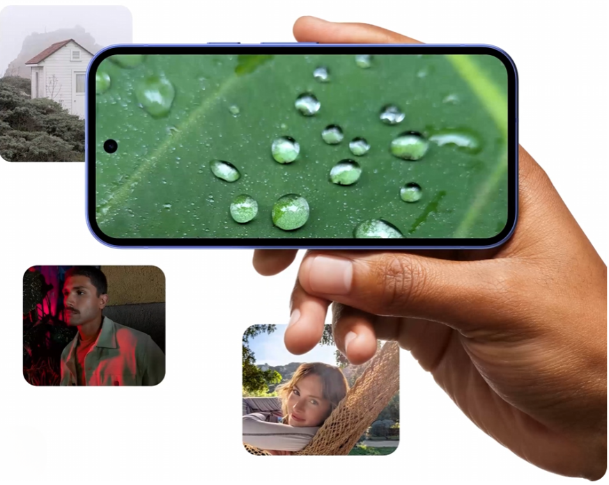 Afbeelding: Google Pixel 10a horizontaal in een hand, met een close-upfoto van waterdruppels op een blad op het scherm en drie voorbeeldbeelden eromheen.
