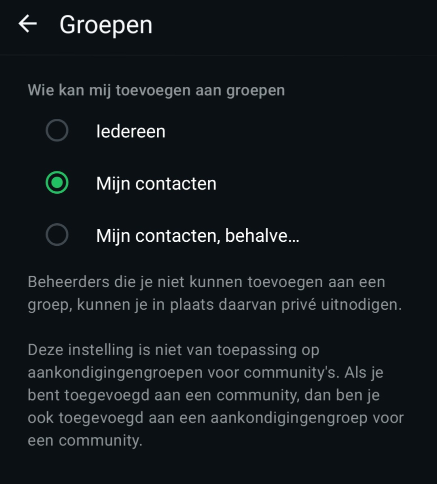 Afbeelding: je kunt via Whataapp instellen wie je kan toevoegen aan groepen