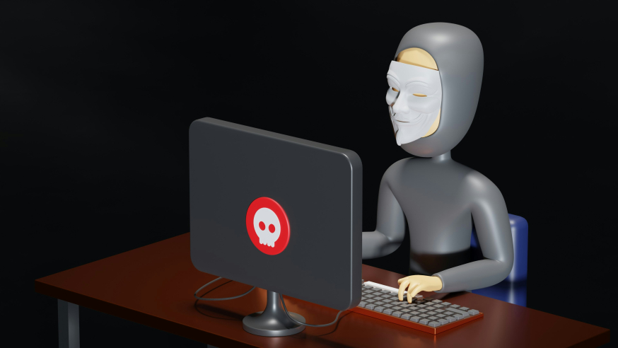 Illustratie van een gemaskerde AI hacker achter een computer met anonymous masker, symboliseert AI-gedreven cyberdreigingen