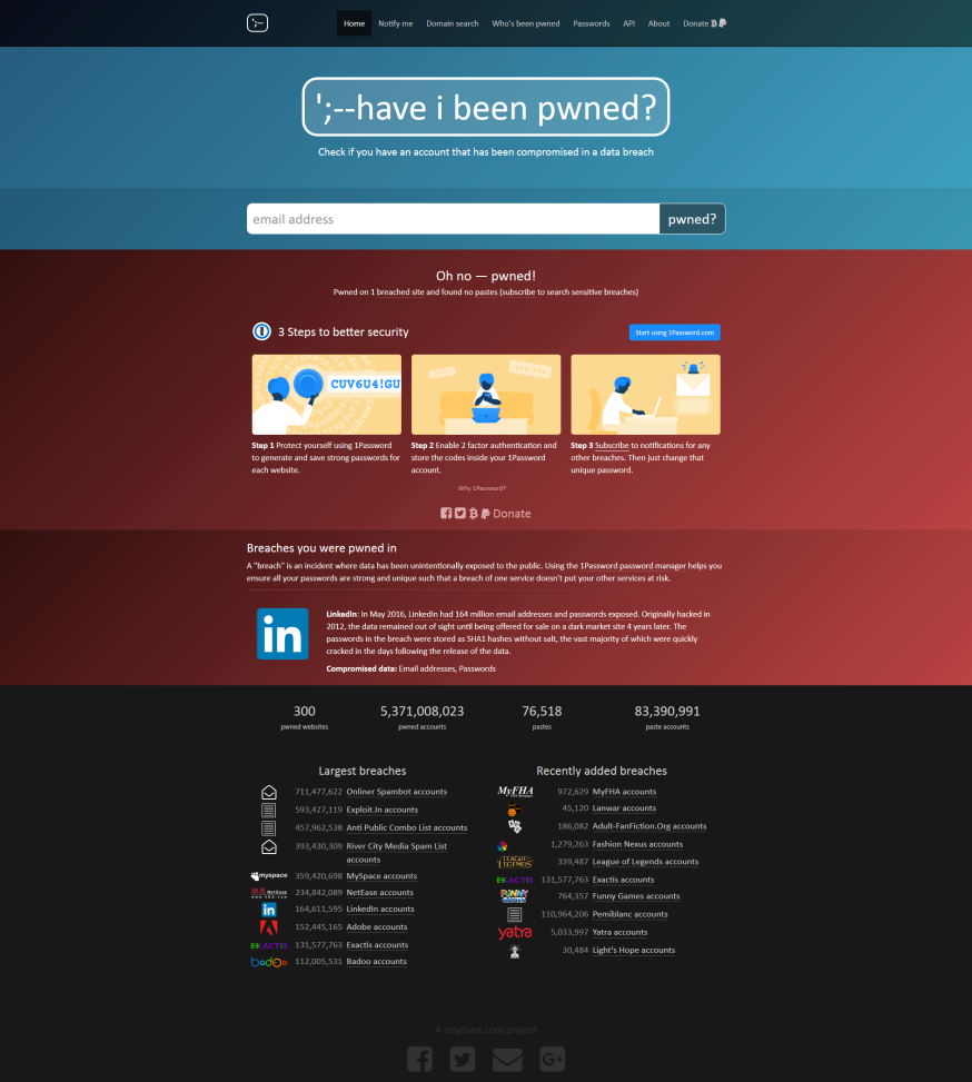 Via haveibeenpwned.com kun je snel zien of je e-mailadres is gehackt Schermafdruk Have I been Pwned