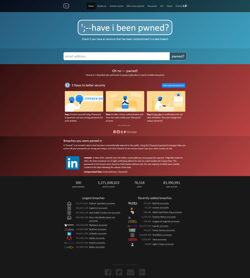 Schermafdruk Have I been Pwned