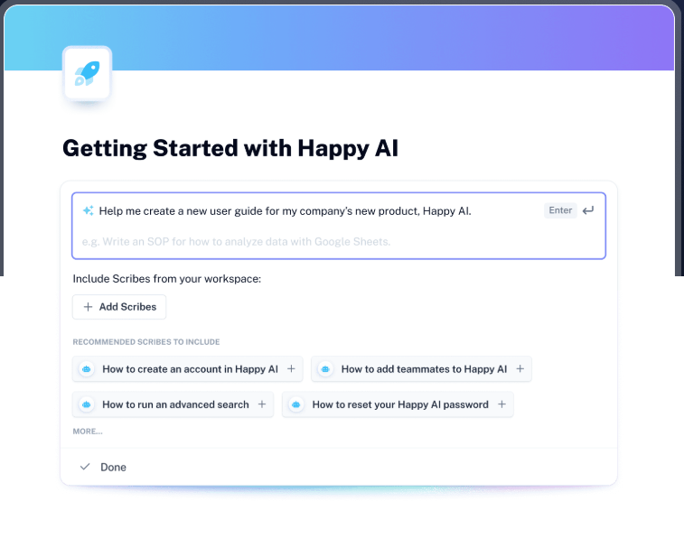 Afbeelding: AI-ondersteunde Page/guide-opzet in Scribe op basis van een prompt en geselecteerde Scribes