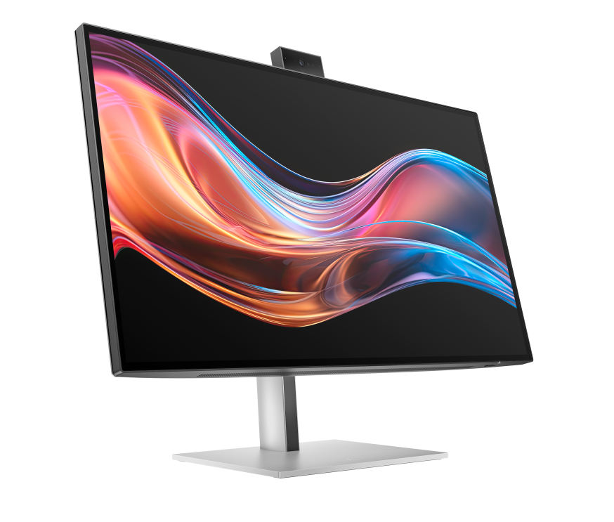 Afbeelding: HP Series 7 Pro 727pm monitor met uitgeklapte Poly Studio-webcam