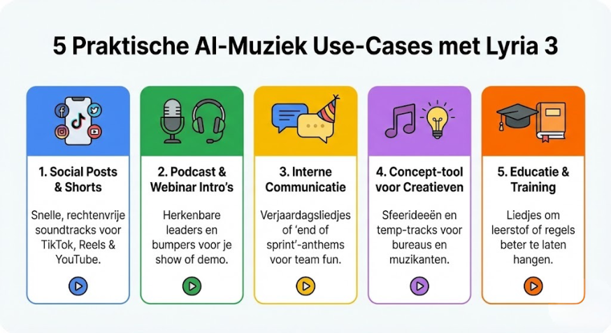 Afbeelding: Infographic met vijf gekleurde panelen die zakelijke toepassingen van Gemini Lyria 3 tonen, zoals social posts, podcast intro's en educatie, elk met een icoon