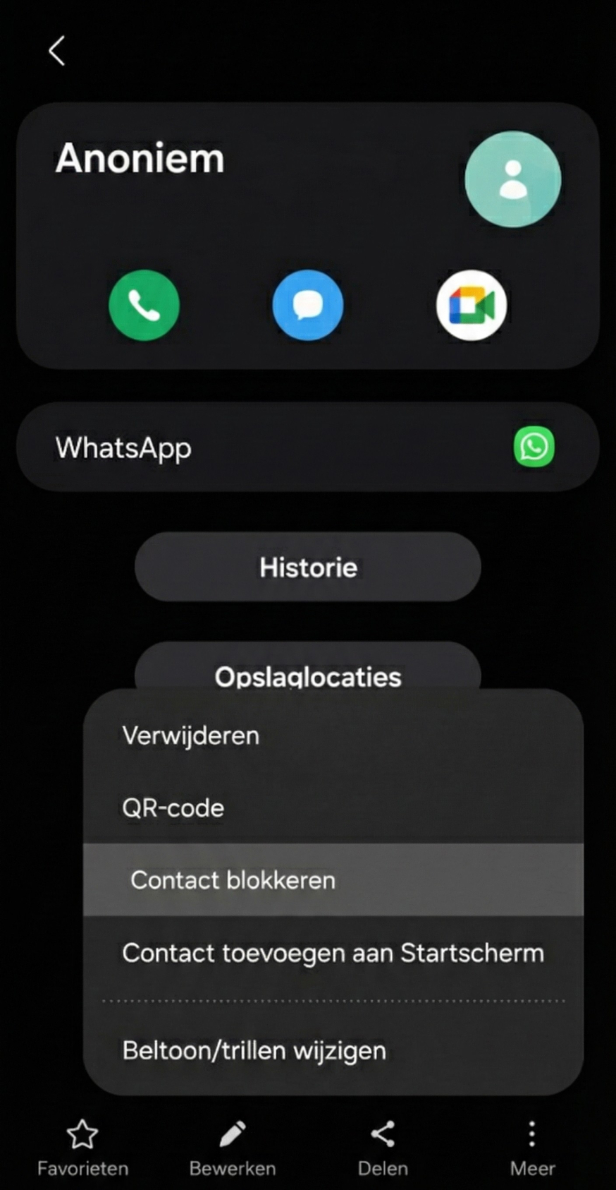 Afbeelding: bij het telefoonnummer of contact kun je bij de info-knop en het pictrogram met drie bullets op een alternatieve manier een contact blokkeren