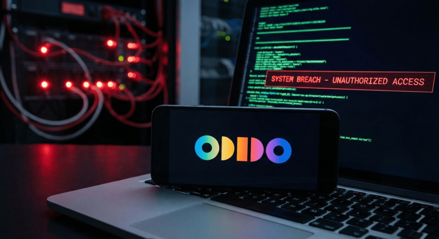 Afbeelding: Sfeerbeeld van een Odido-smartphone voor een laptop met de melding 'System Breach - Unauthorized Access'