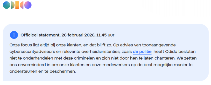 Afbeelding: Officieel statement Odido 26 februari 2026 over het weigeren van losgeldbetaling aan hackers na overleg met de politie