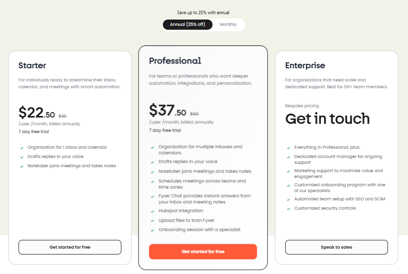 Afbeelding: Overzicht van Fyxer-abonnementen (Starter, Professional, Enterprise) met maandprijs bij jaarlijkse betaling en belangrijkste features per plan
