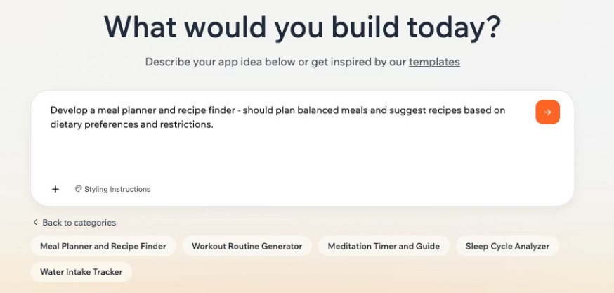 Afbeelding: Startscherm van Base44 met promptveld “What would you build today?” en voorbeeldideeën