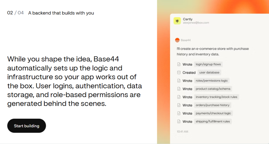 Afbeelding: Marketing-slide “A backend that builds with you” met uitleg over auth, dataopslag en role-based permissions