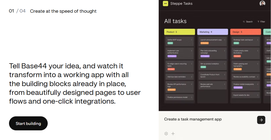 Afbeelding: Marketing-slide met de titel “Create at the speed of thought” en een voorbeeld van een takenbord-app