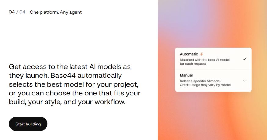 Afbeelding: Marketing-slide over Automatic versus Manual modelkeuze in Base44