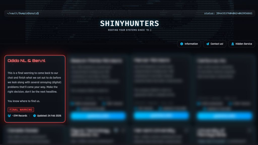 Afbeelding: Screenshot van de darkweb-website van hackersgroep ShinyHunters met een 'Final Warning' voor Odido en Ben over een datalek van 21 miljoen records