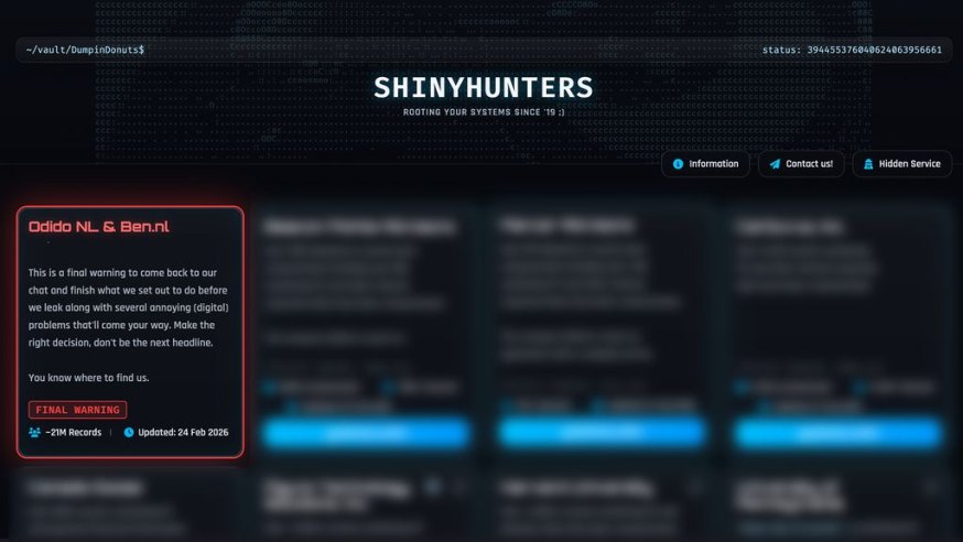 Afbeelding: Screenshot van de darkweb-website van hackersgroep ShinyHunters met een 'Final Warning' voor Odido en Ben over een datalek van 21 miljoen records