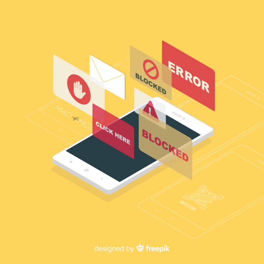 Afbeelding: illustratie van een smartphone met waarschuwingen zoals “blocked” en “error”, als beeld voor spam en oplichting herkennen en blokkeren