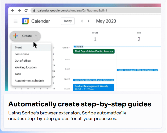 Afbeelding: Screenshot van Scribe die tijdens een handeling (Google Calendar) automatisch een stap-voor-stap guide genereert