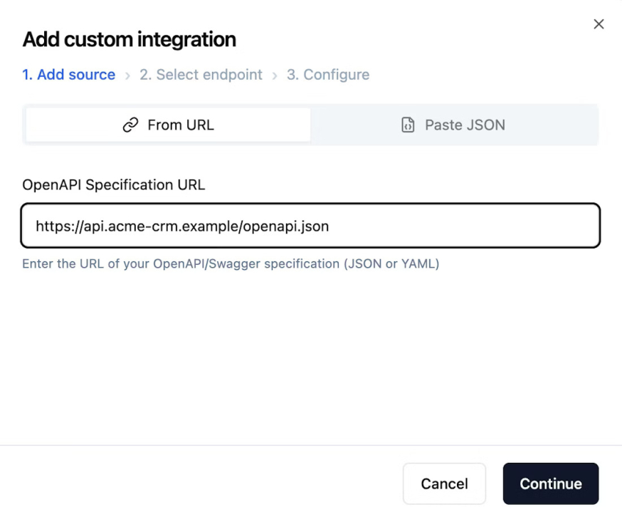 Afbeelding: Dialoogvenster “Add custom integration” met OpenAPI specification URL/JSON