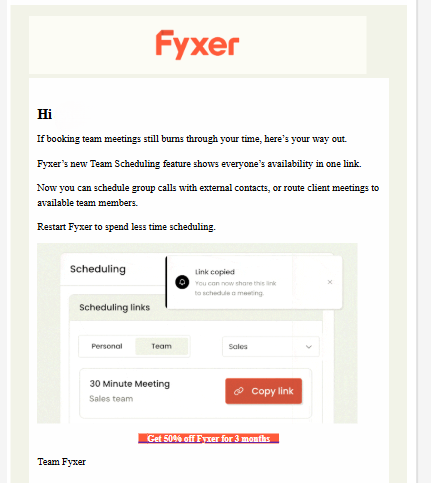 Afbeelding: screenshot van Fyxer-mail over ‘Team Scheduling’ met scheduling links-interface en knop ‘Copy link’