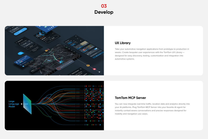 Afbeelding: Splitscreen afbeelding met bovenin diverse UI-componenten en schermen uit de UX Library, en onderin een abstracte visualisatie van datastromen die via de MCP Server naar een Large Language Model lopen