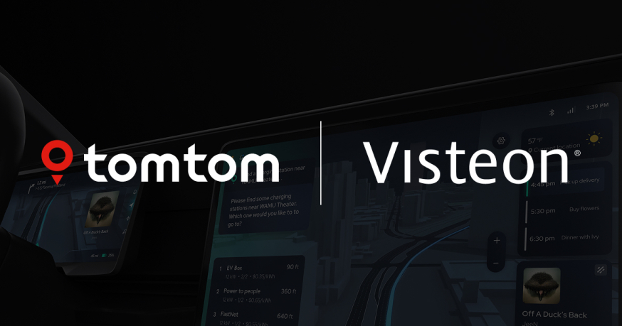 Afbeelding: TomTom en Visteon logo's weergegeven over een digitale auto-cockpit interface ter illustratie van hun partnerschap