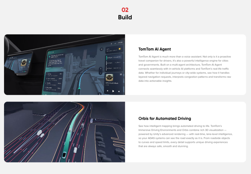 Afbeelding: Splitscreen afbeelding met bovenin een breed dashboard met de AI Agent interface en navigatie, en onderin een gedetailleerde 3D-kaartweergave van wegen en rijstroken aangedreven door Unity