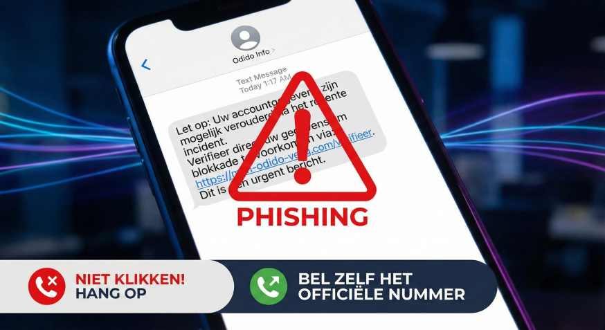 Afbeelding: Screenshot van een nep Odido SMS met een grote rode 'PHISHING' waarschuwing en banners met 'NIET KLIKKEN!' en 'BEL ZELF HET OFFICIËLE NUMMER'