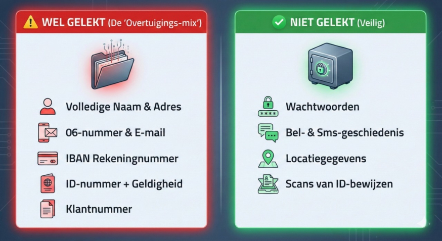 Afbeelding: Tabel met gelekte data: wel NAW, 06-nummer, e-mail, IBAN, klantnummer en ID-gegevens. Geen wachtwoorden, belgegevens of ID-scans
