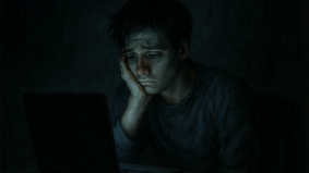 Verdrietige man voor een computer